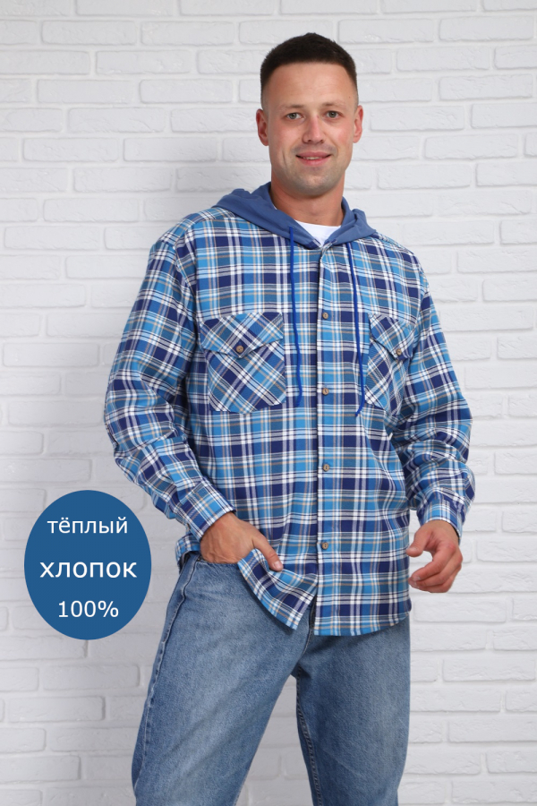 Рубашка в клетку, с капюшоном, синий